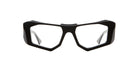 Black angular eyeglass frames with thick rims and clear lenses, shown on a white background. The design features sharp, geometric lines and a bold, modern style.