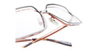 Close-up of Kuboraum H15 eyeglasses featuring transparent lenses, thin metallic frames, adjustable nose pads, and temples with brown tortoiseshell-patterned tips against a white background.