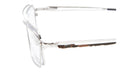 Close-up side view of Kuboraum H15 eyeglasses featuring a silver metal, thin rectangular frame with cut-out detailing along the arm, set against a white background.