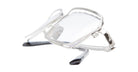A pair of Kuboraum H15 silver rectangular eyeglasses with clear lenses sits folded on a white background, viewed from a low angle.