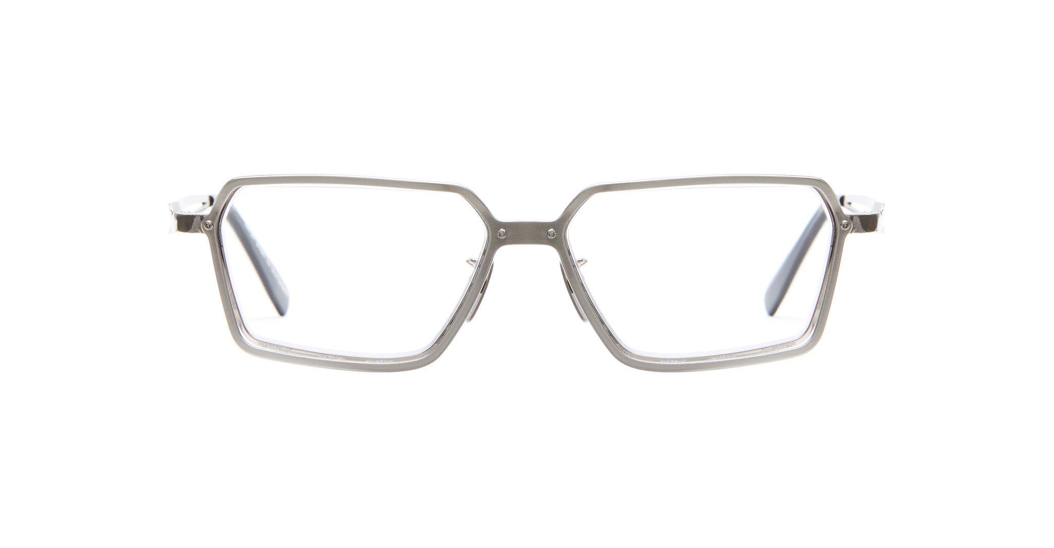 Kuboraum H15 eyeglasses feature rectangular silver metal frames with clear lenses, viewed from the front against a white background. The modern design includes slightly angled edges for a contemporary look.