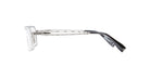 Side view of Kuboraum H15 transparent rectangular eyeglass frames, featuring clear temples and black tips, photographed on a white background.