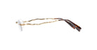 Side view of Kuboraum H40 rimless eyeglasses featuring gold, wavy metal arms and tortoiseshell-patterned temple tips, displayed on a white background.