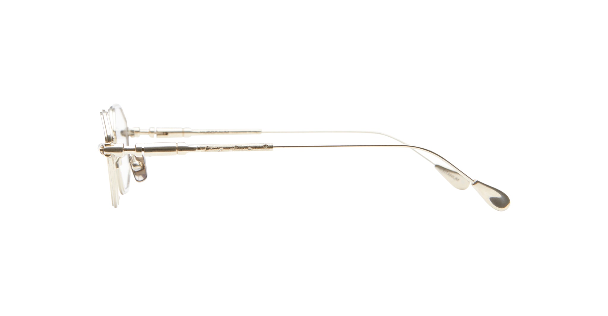 Side view of KUBORAUM H66 gold round eyeglasses with clear nose pads and curved temple tips.