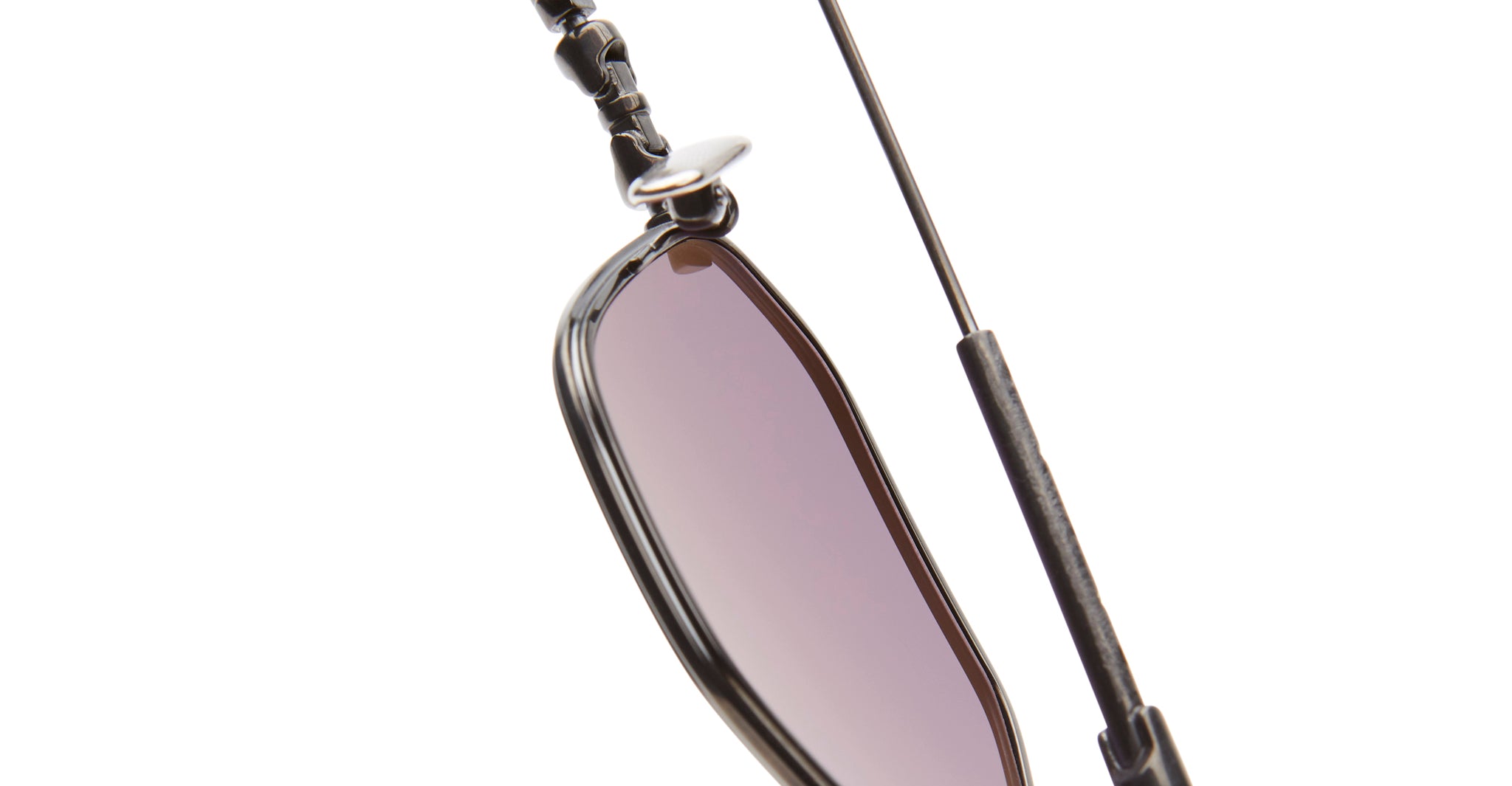 Close-up of KUBORAUM H66 sunglasses with dark lenses and a beaded strap, highlighting the front angle of the eyewear.