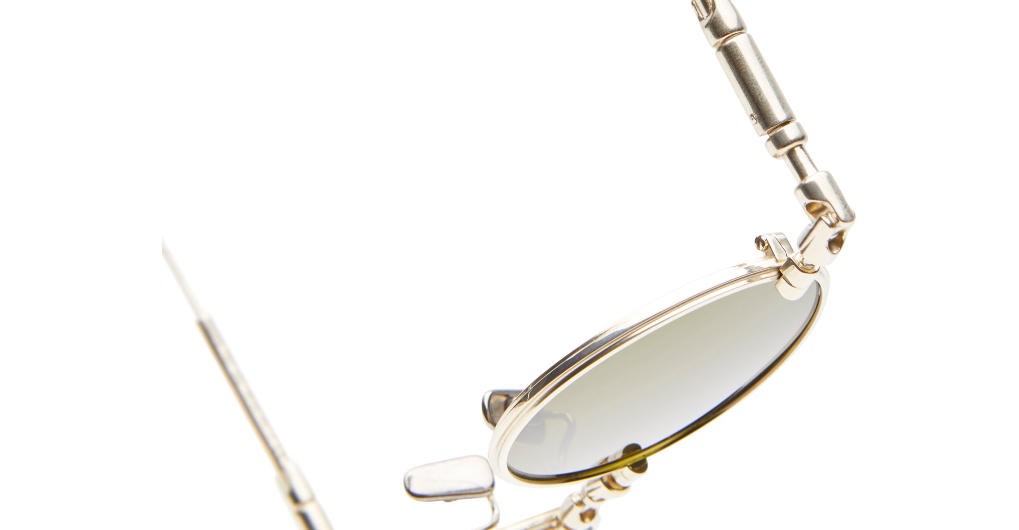 Close-up of KUBORAUM H67 foldable metal sunglasses, featuring oval lenses and compact design, viewed from the front.