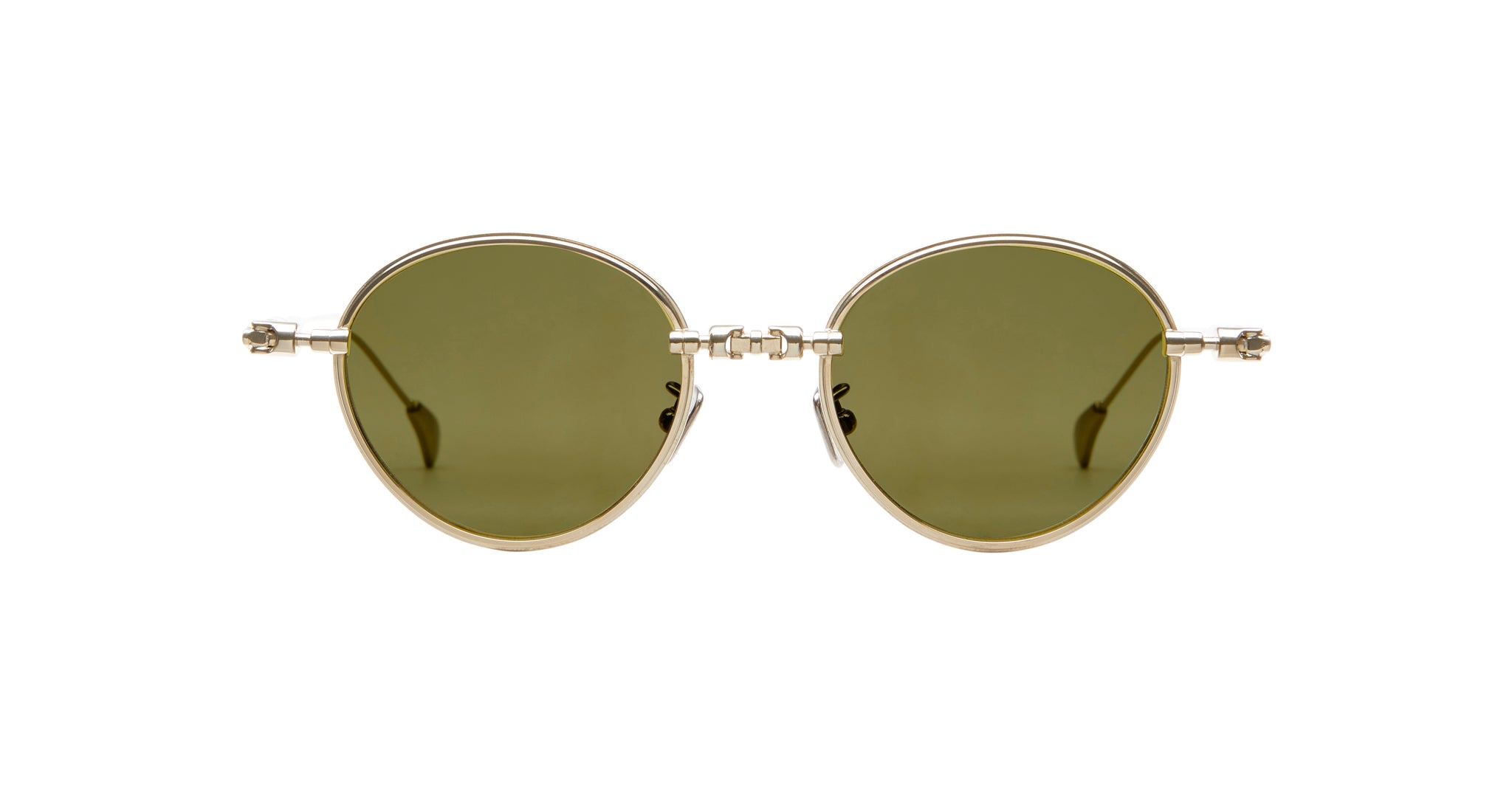 Kuboraum H67 round gold sunglasses with green lenses, shown from the front.