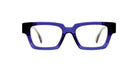 Kuboraum I01 eyeglasses by KUBORAUM, rectangular shape with thick transparent dark blue frames, front view.