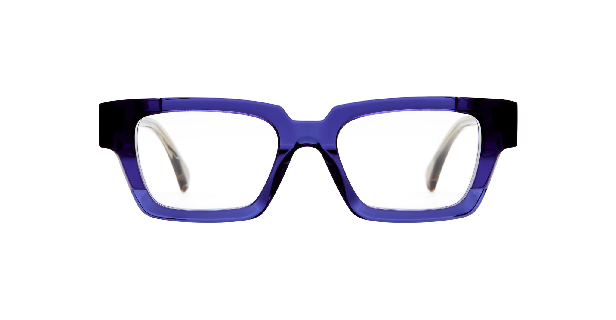 Kuboraum I01 eyeglasses by KUBORAUM, rectangular shape with thick transparent dark blue frames, front view.