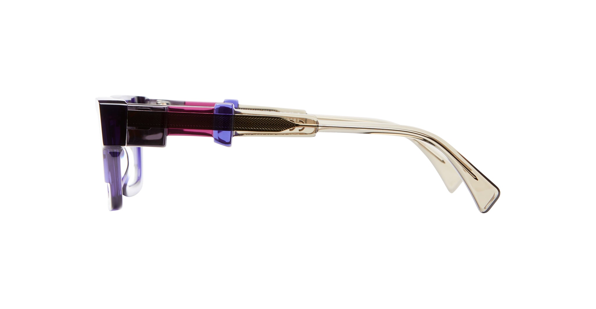 Side view of KUBORAUM I01 eyeglasses featuring gold arms, blue-purple accents, and rectangular frames.