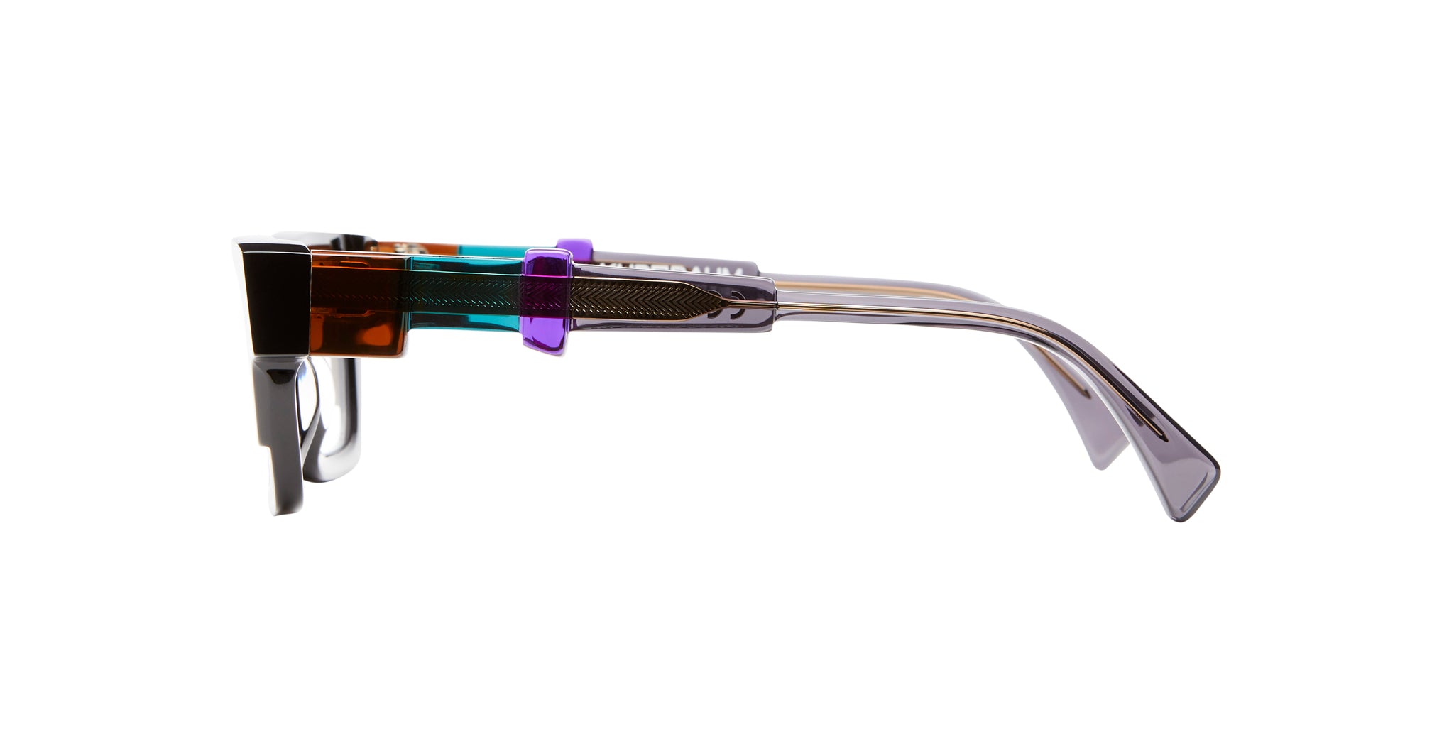 Side view of KUBORAUM Kuboraum I01 eyeglass frames in multicolored, layered translucent acetate.