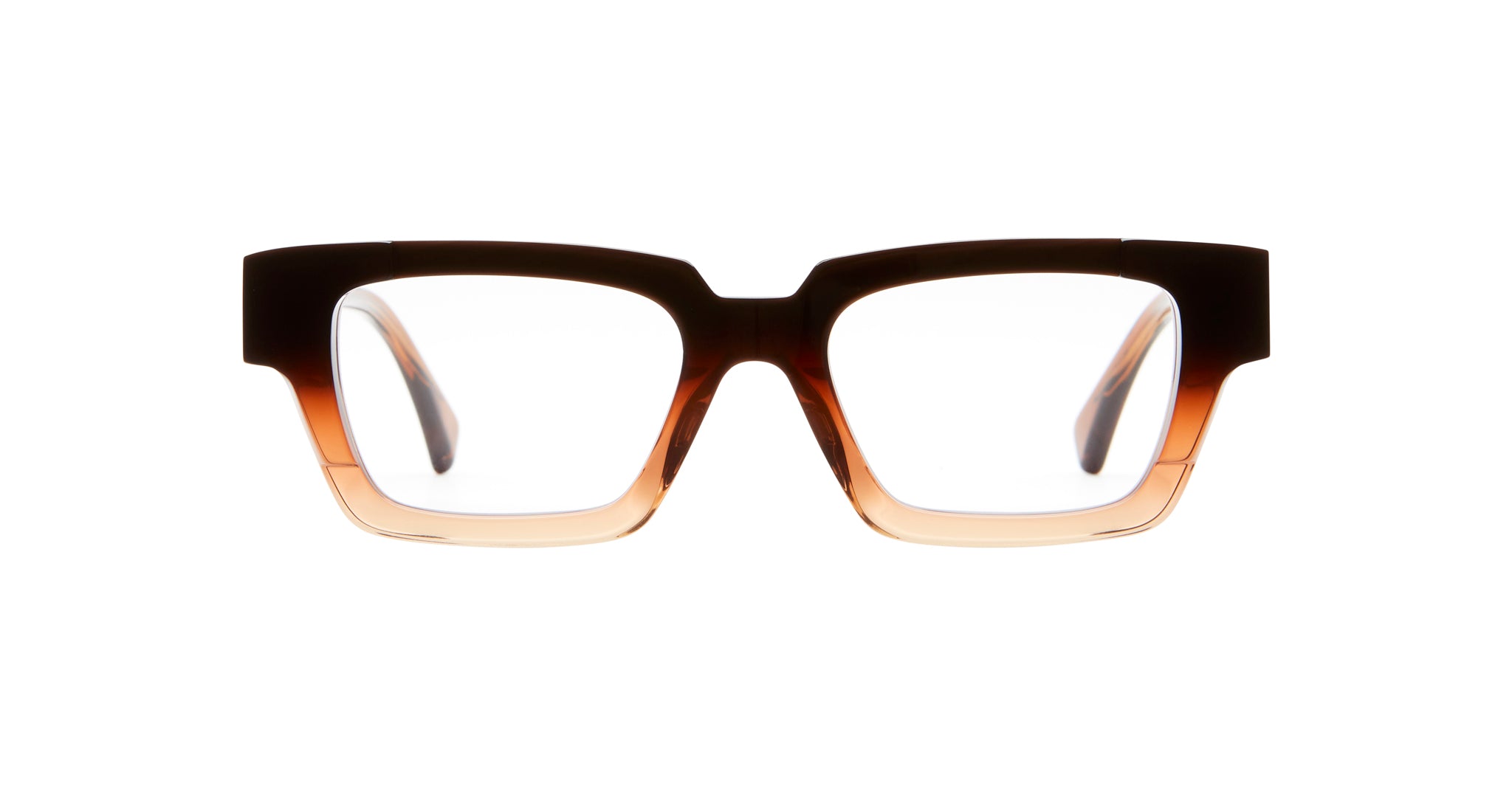KUBORAUM I01 eyeglasses, thick rectangular acetate frame in two-tone dark and light brown, front view.