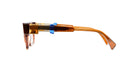 Side view of Kuboraum I01 brown rectangular eyeglasses with blue temple accents, KUBORAUM brand, rectangular frame design.