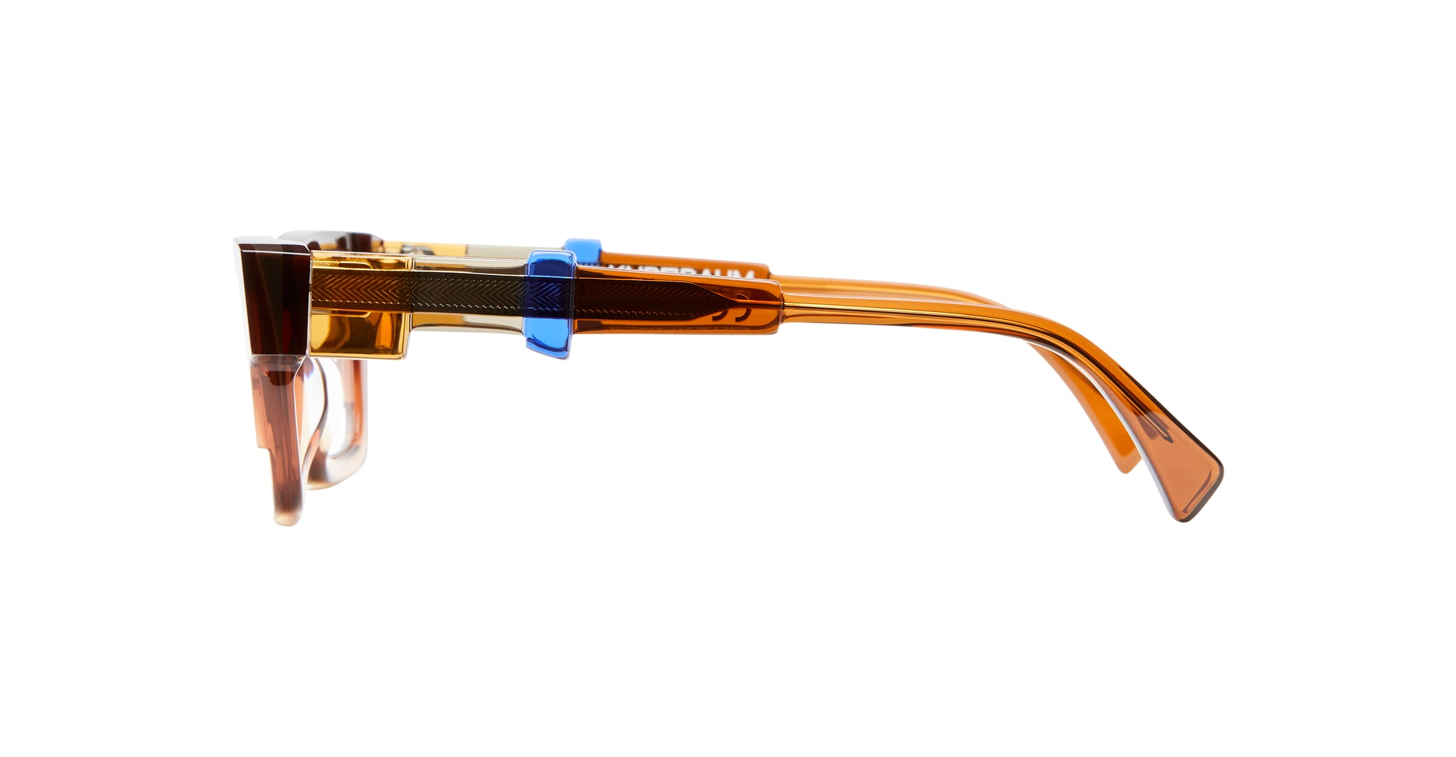 Side view of Kuboraum I01 brown rectangular eyeglasses with blue temple accents, KUBORAUM brand, rectangular frame design.