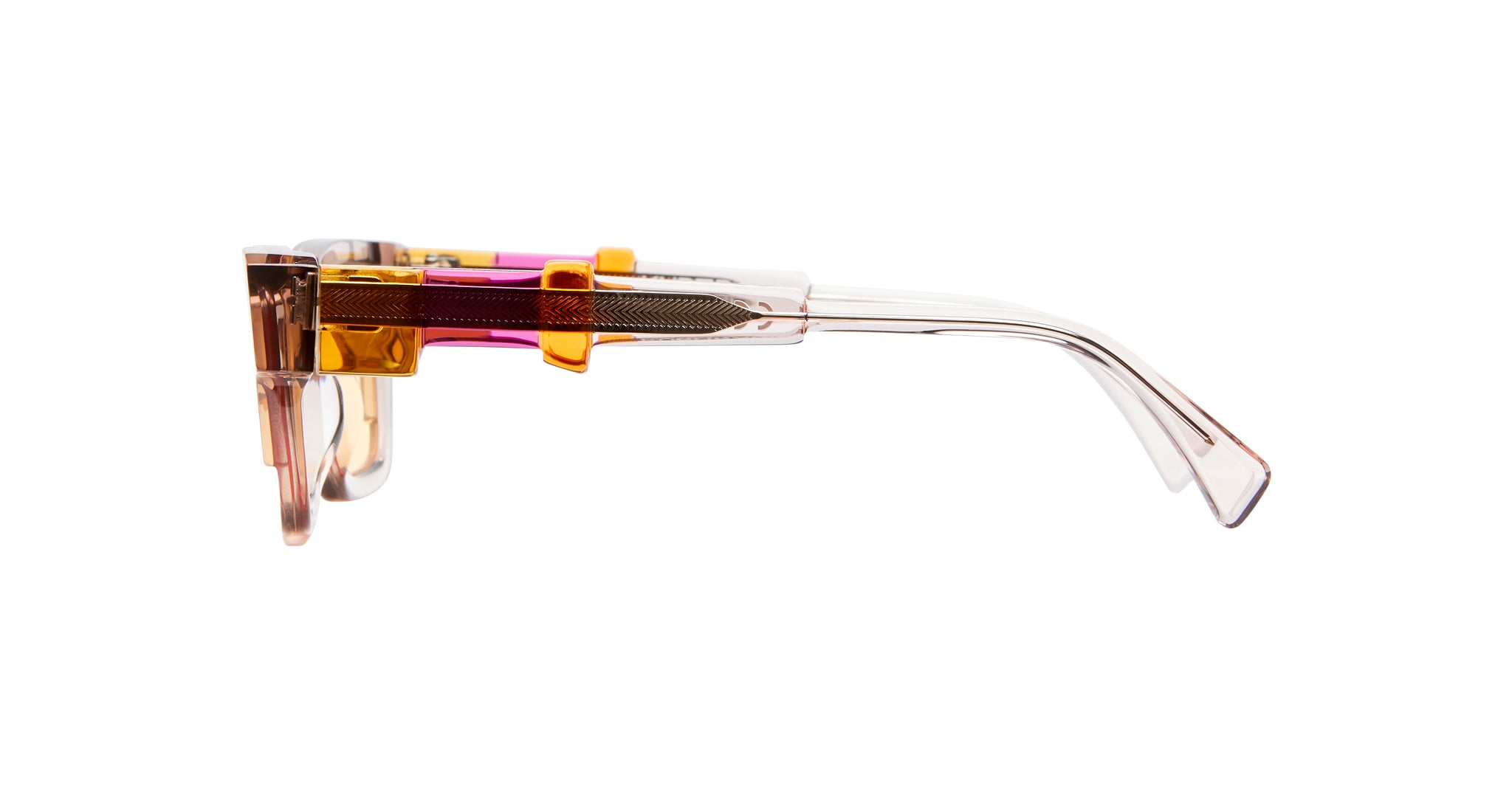 Side view of KUBORAUM Kuboraum I01 eyeglasses featuring layered pink, orange, and clear frames.