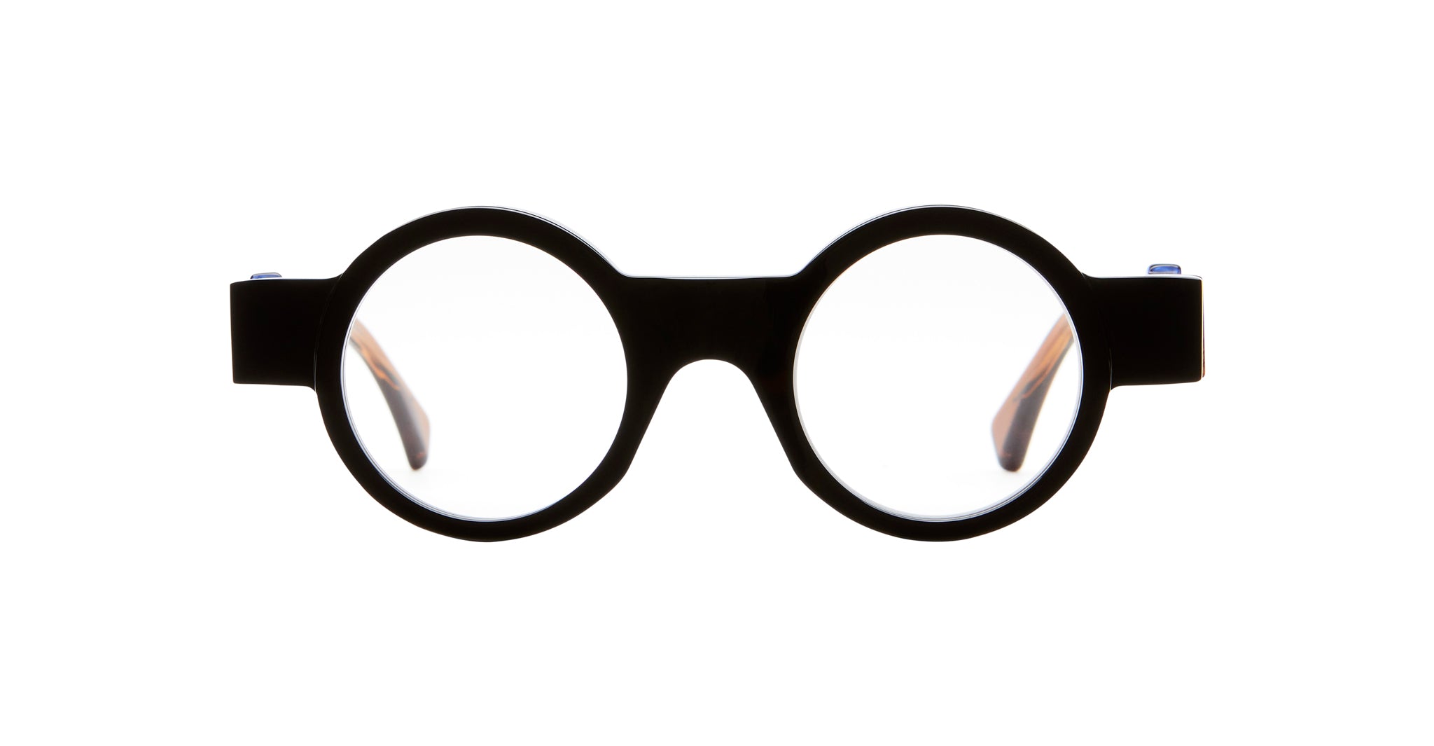 KUBORAUM I02 eyeglasses feature round, thick black frames and are shown from the front.