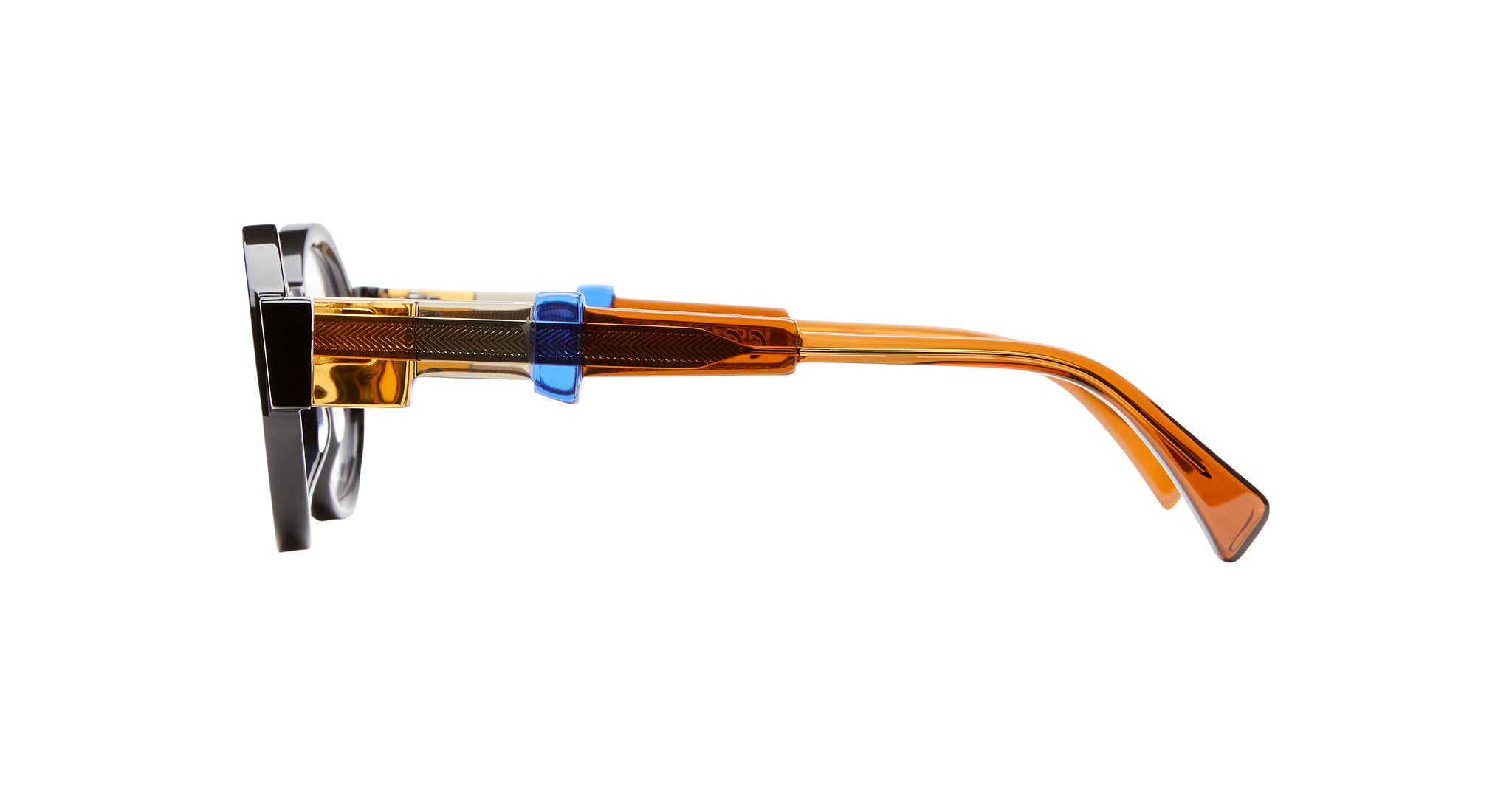 Side view of KUBORAUM I02 eyeglasses featuring black, amber, and blue accents. Brand and model name visible.
