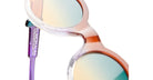 Close-up of Kuboraum I02 round sunglasses featuring gradient lenses, multicolored frames, and KUBORAUM logo on the temple.
