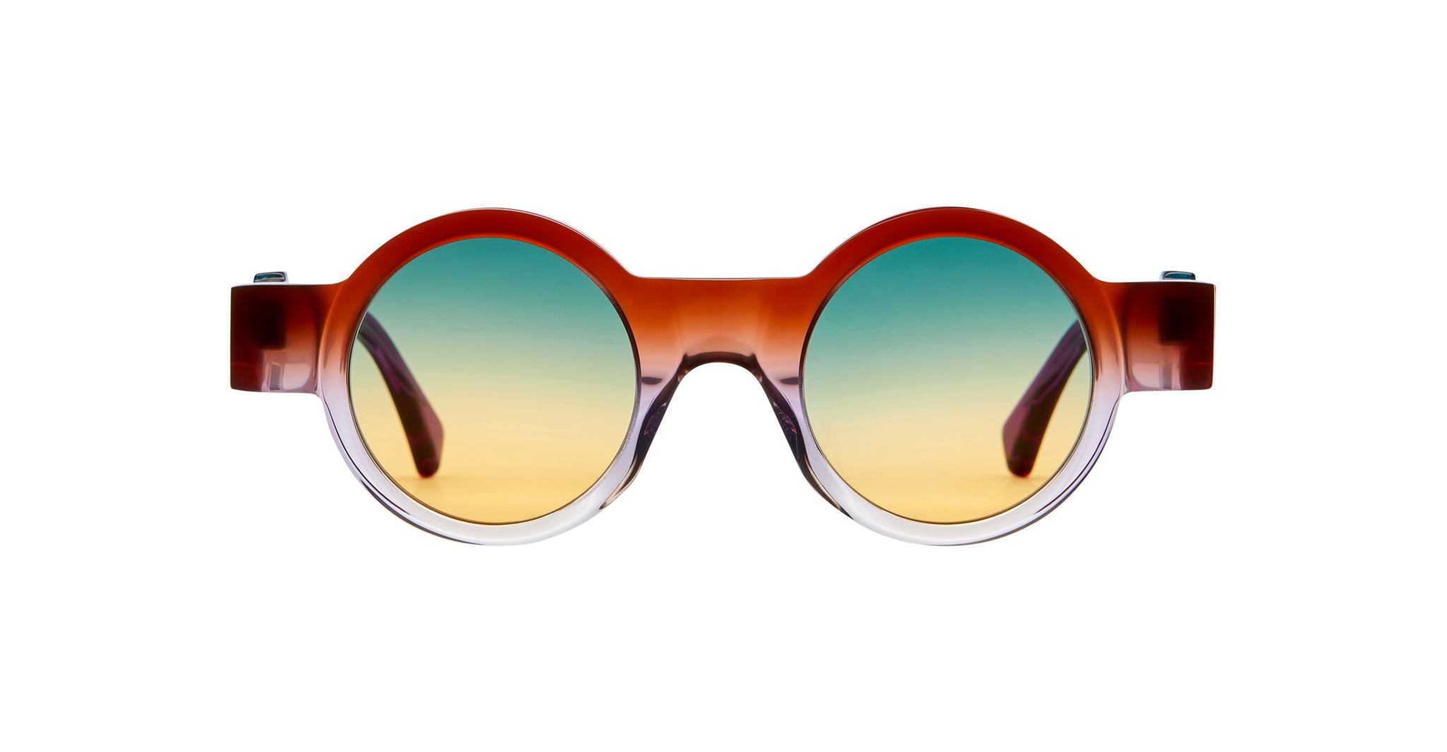 Kuboraum I02 sunglasses: round red frames, gradient yellow-blue lenses, front view.