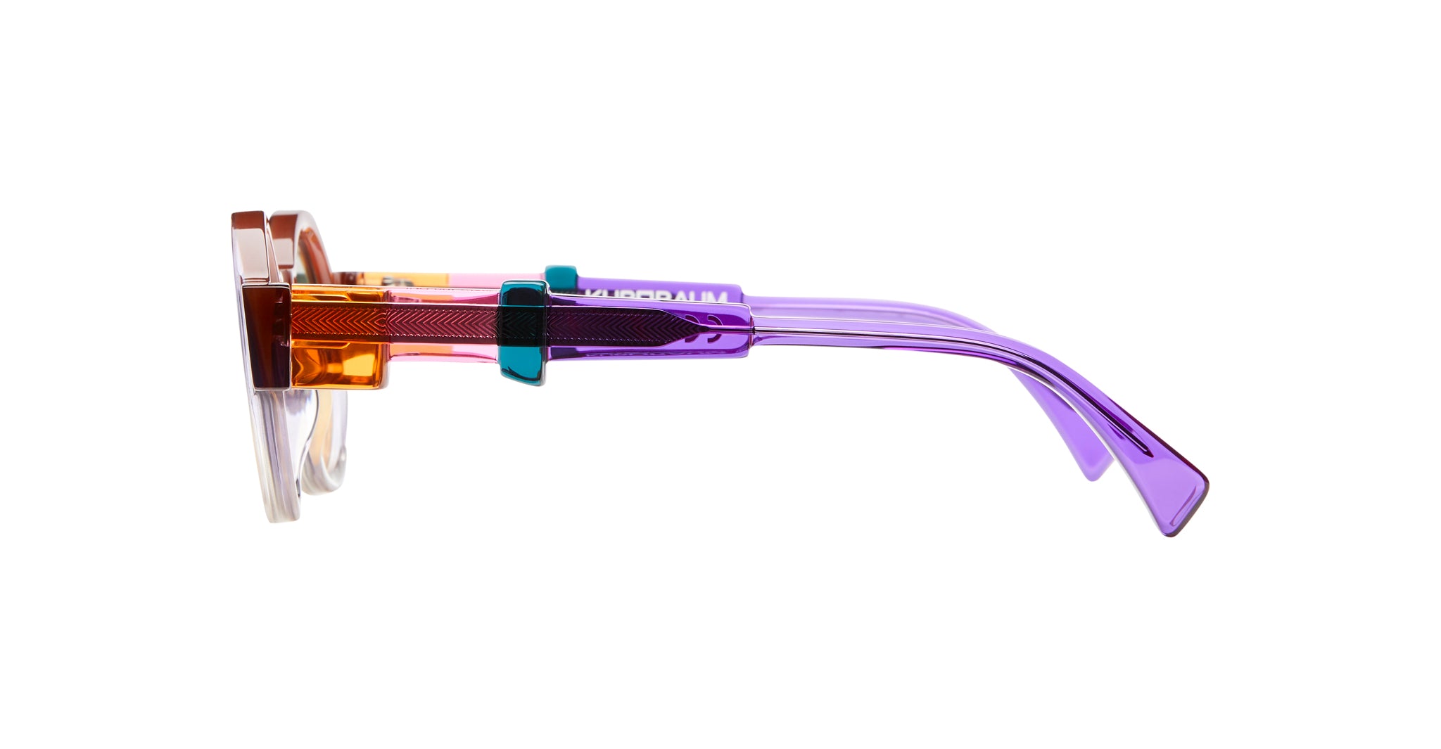 Side view of Kuboraum I02 sunglasses with a multicolored frame in purple, orange, teal, and clear.