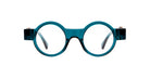 KUBORAUM I02 eyeglasses, unisex, round teal frames with thick rims, front view.