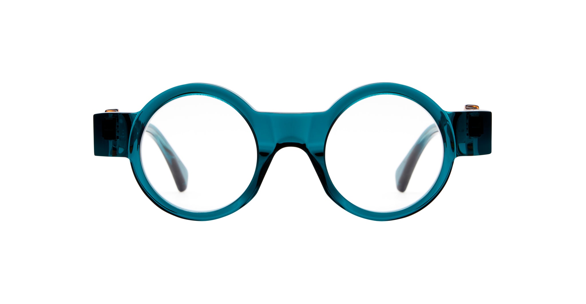KUBORAUM I02 eyeglasses, unisex, round teal frames with thick rims, front view.