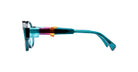 Side view of KUBORAUM I02 eyeglasses with geometric design, blue, purple, orange, and black accents.