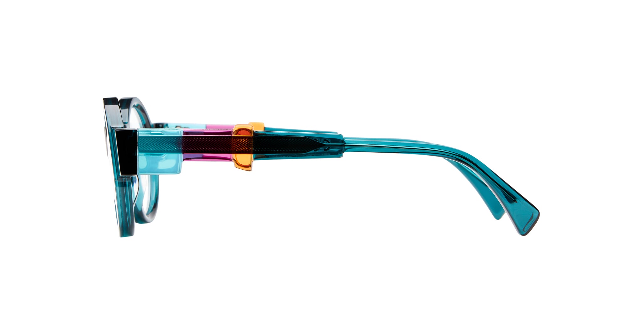 Side view of KUBORAUM I02 eyeglasses with geometric design, blue, purple, orange, and black accents.