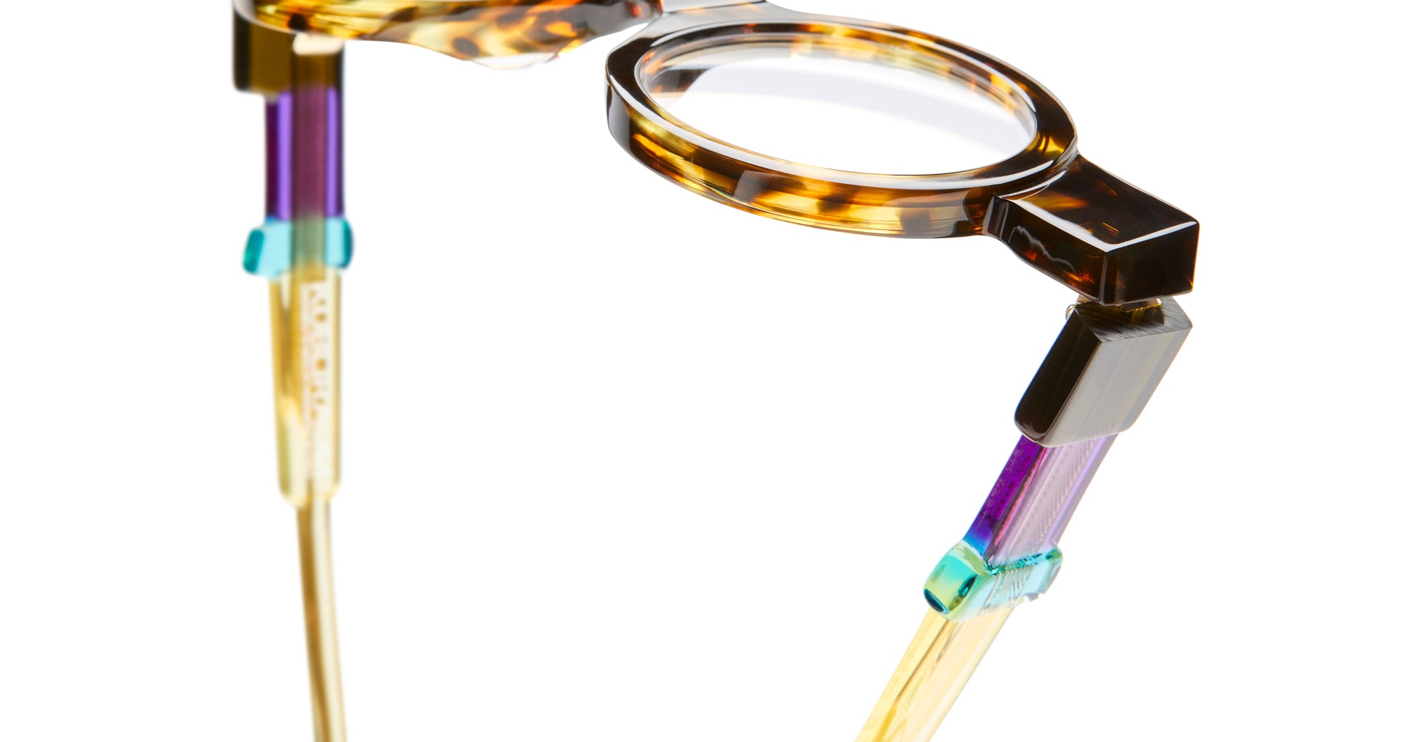 KUBORAUM Kuboraum I02 tortoiseshell eyeglasses with geometric colorful temple joints, side view.