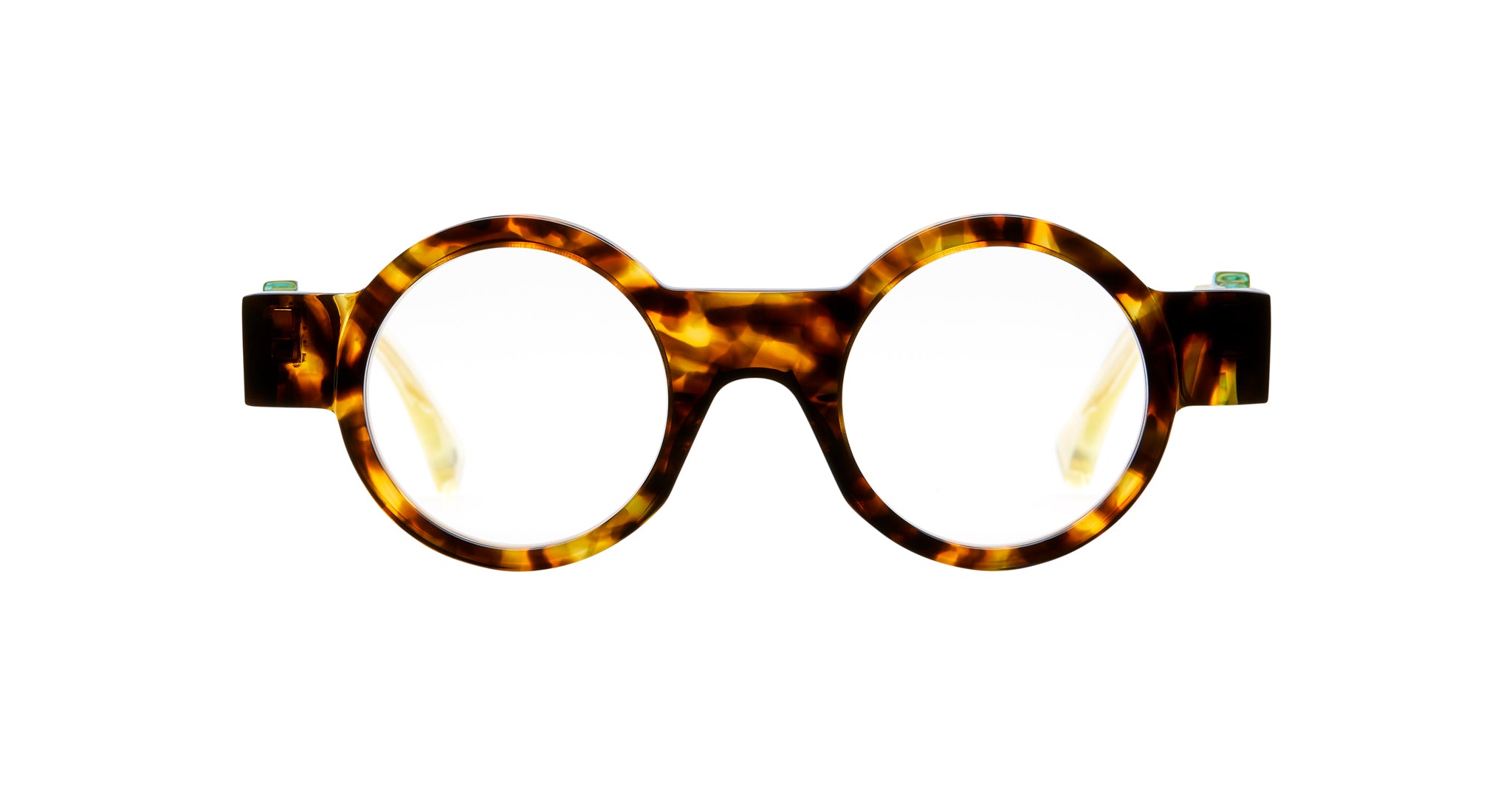 KUBORAUM I02 eyeglasses, round, thick tortoiseshell frames, front view. Brand and model visible on temples.