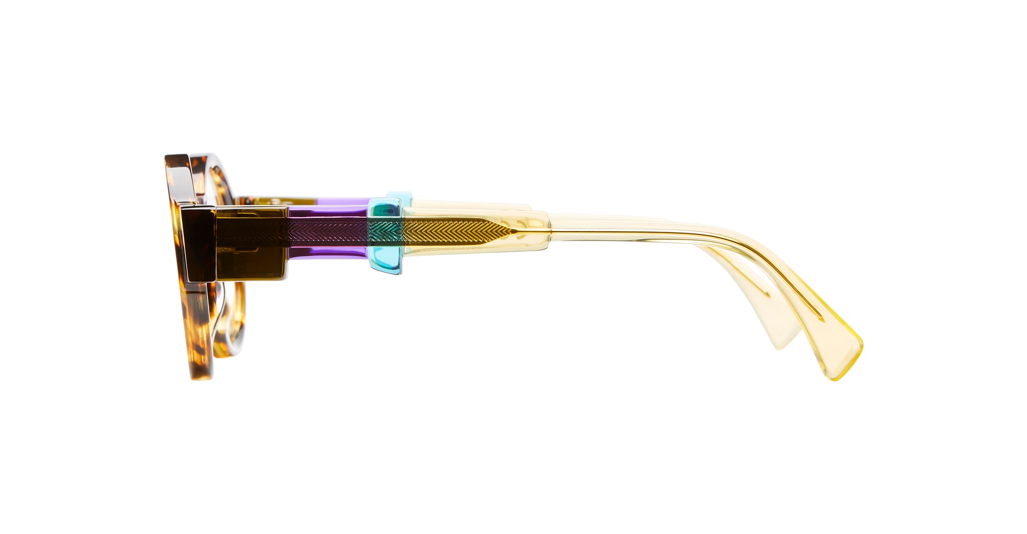 Side view of KUBORAUM Kuboraum I02 eyeglasses featuring a tortoiseshell frame, yellow temples, and blue-purple accents.