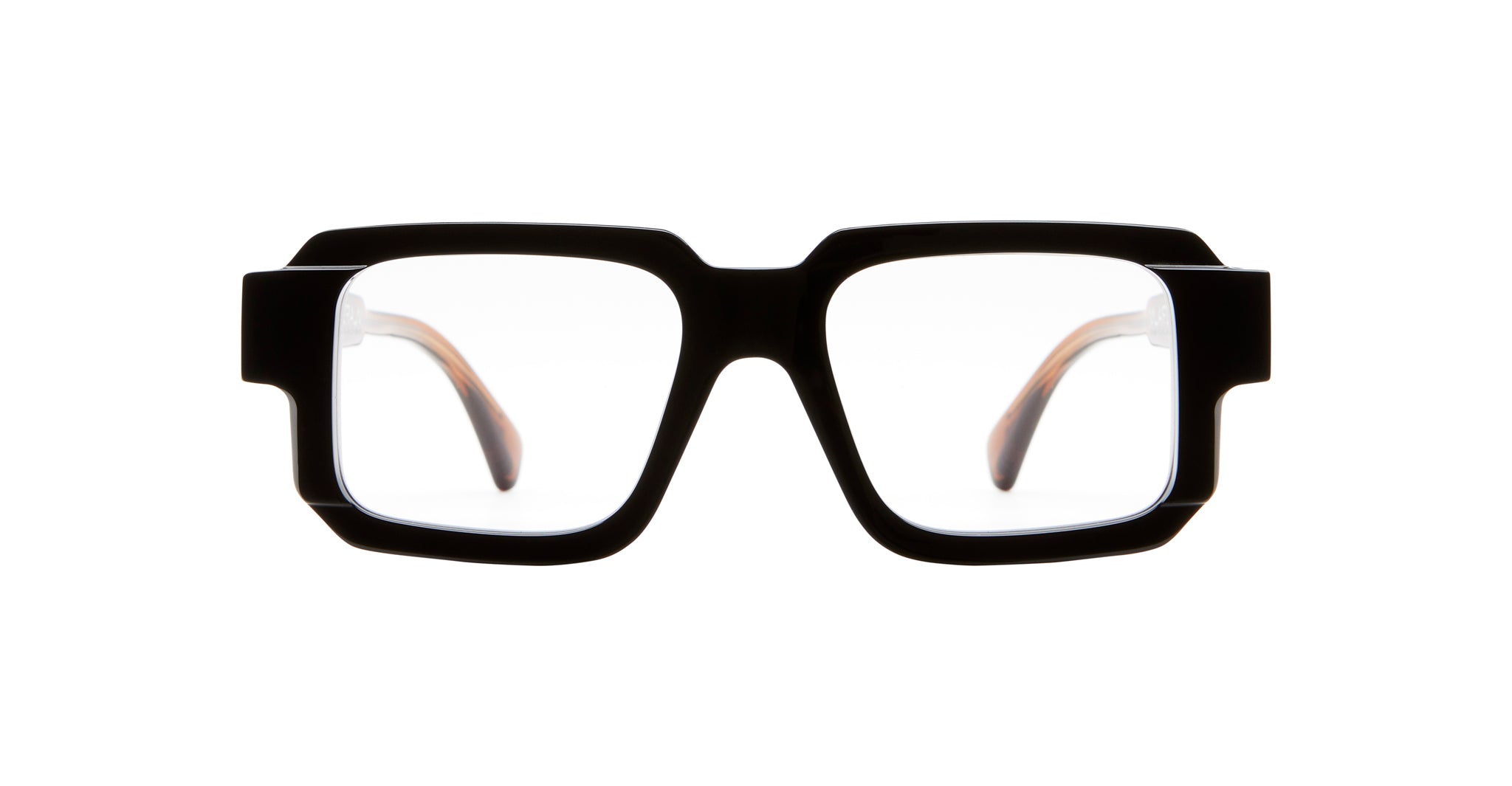 Front view of KUBORAUM I03 black rectangular eyeglasses with clear lenses and brown acetate arms.