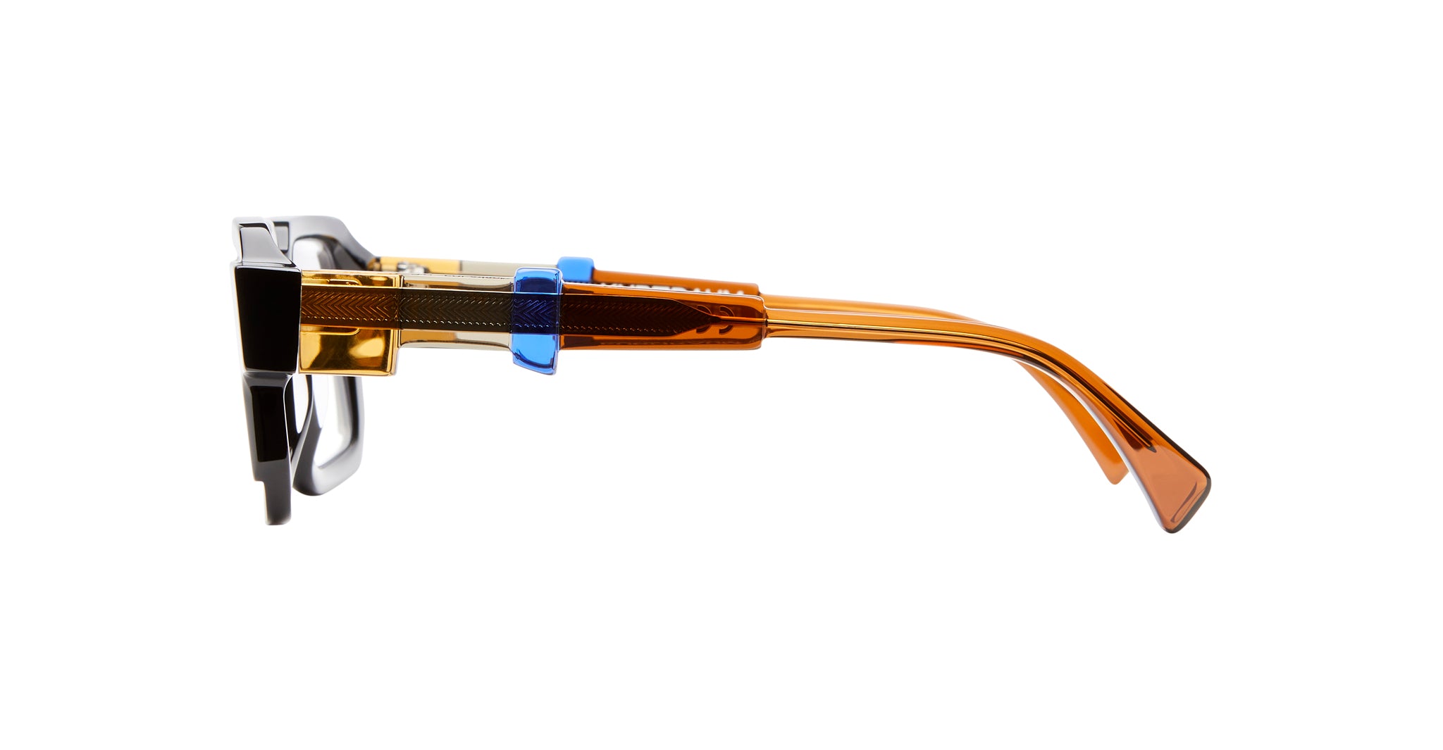 KUBORAUM Kuboraum I03 eyeglasses, side view: black front, gold hinge, blue accent, orange transparent temples.