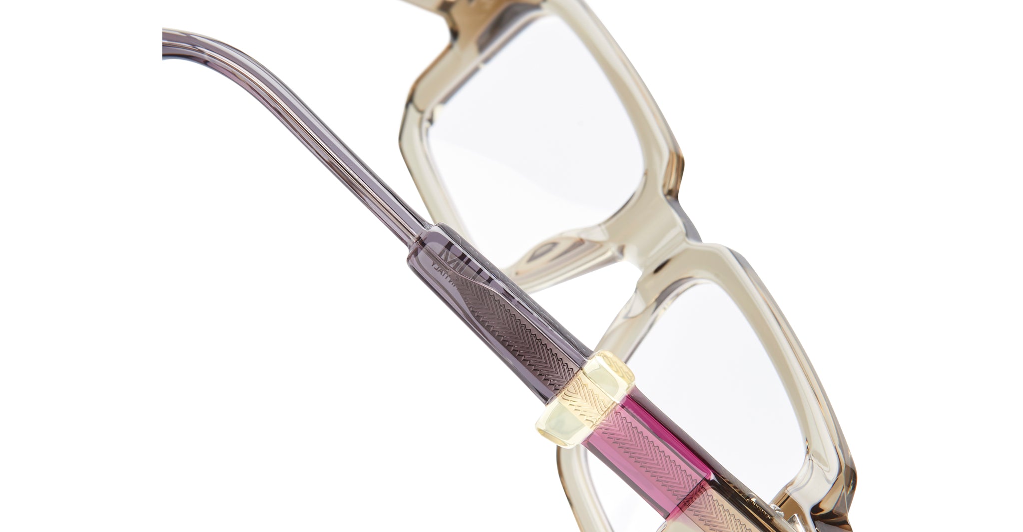 Close-up of KUBORAUM I03 beige rectangular eyeglasses with gradient purple and gold metal temples, front angle view.