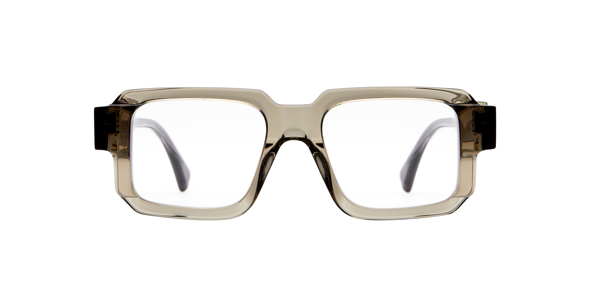 KUBORAUM Kuboraum I03 rectangular eyeglasses, thick translucent gray frames, scratch-resistant clear lenses, front view.