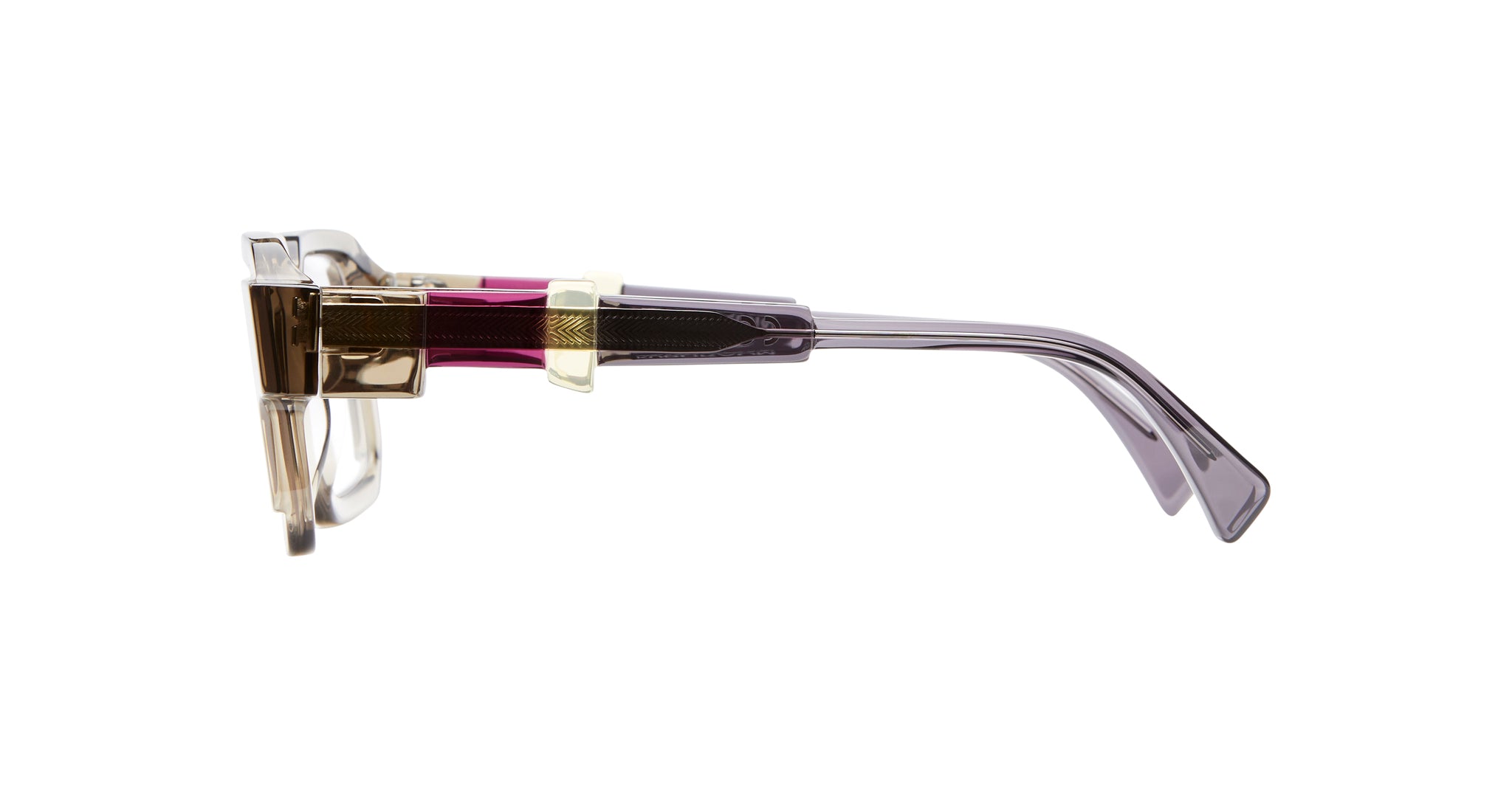 Side view of KUBORAUM Kuboraum I03 eyeglasses frames featuring a translucent brown, gold, and purple gradient.