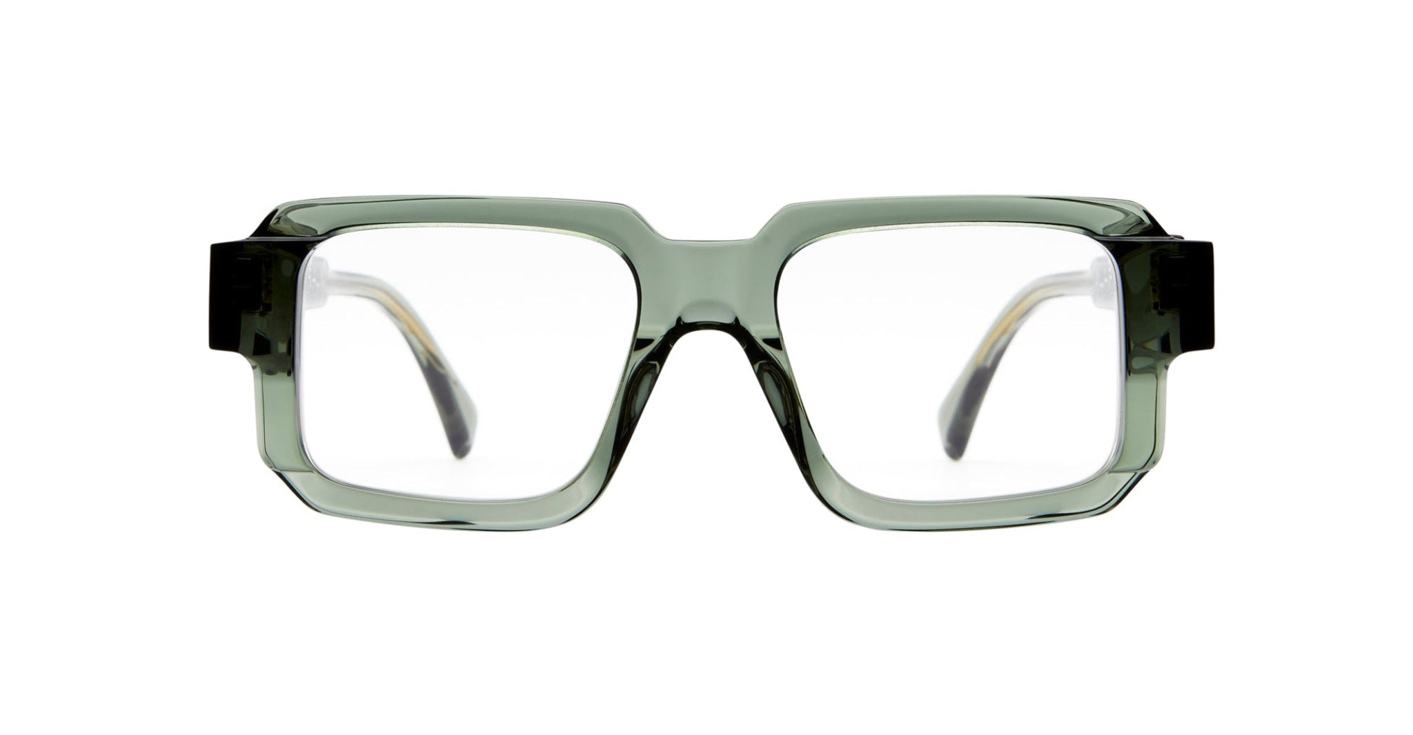 KUBORAUM Kuboraum I03 rectangular green transparent eyeglasses with thick frames, front view.