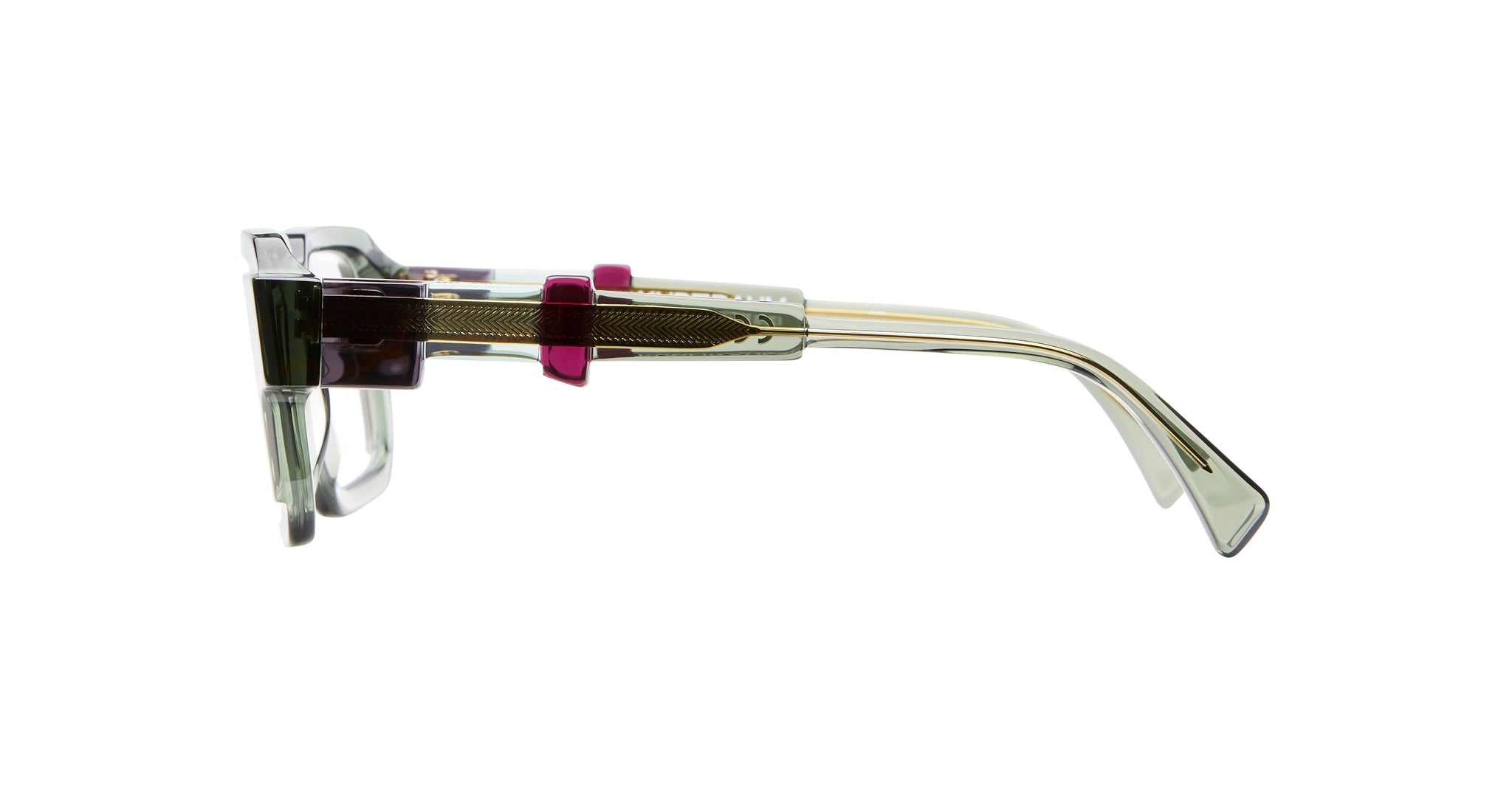 Side view of KUBORAUM Kuboraum I03 eyeglasses featuring clear frames, gold accents, and a pink detail on the temple arm.