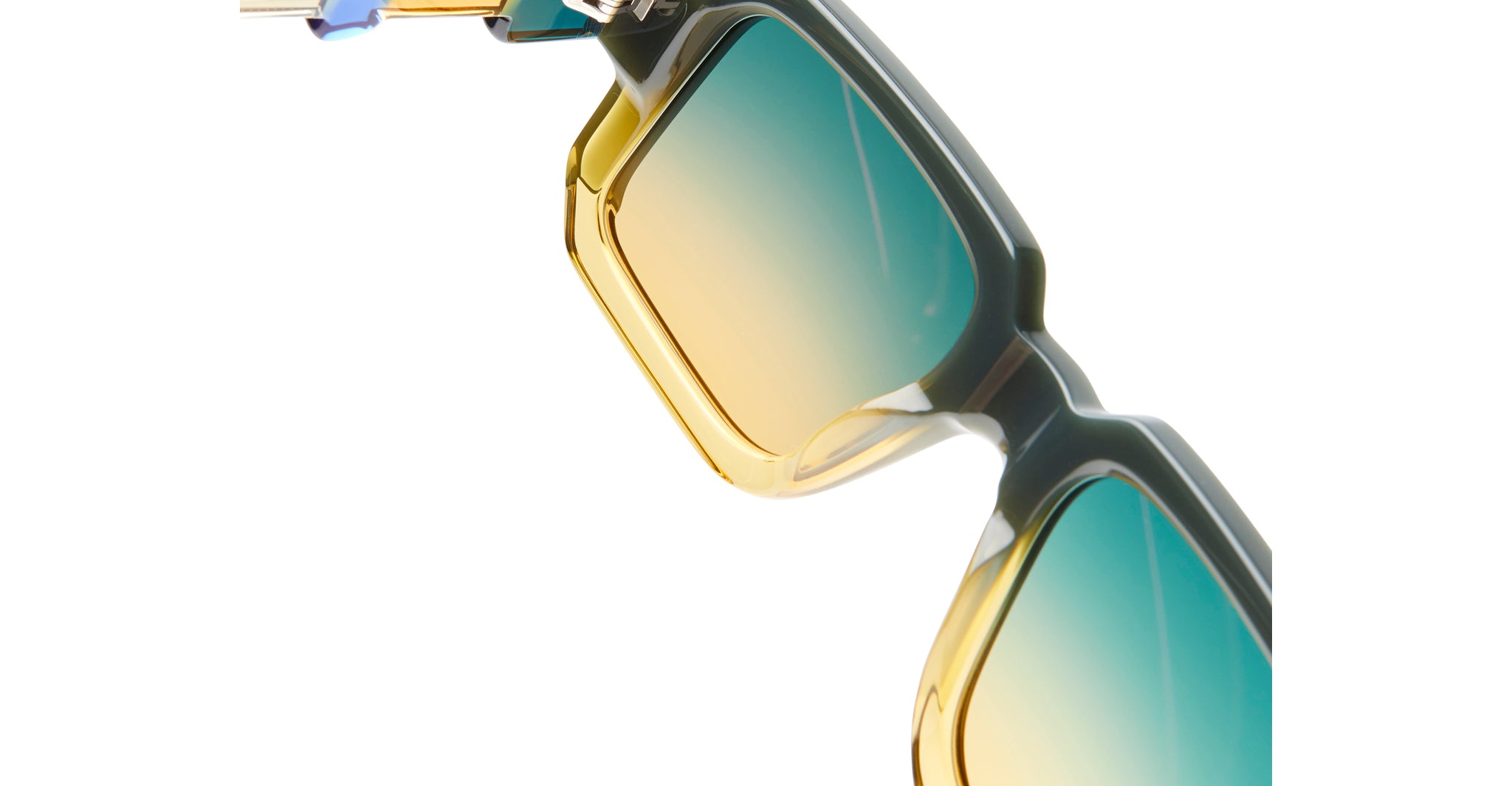 Close-up of KUBORAUM I03 rectangular sunglasses with dark frames and yellow-green gradient lenses, front view.