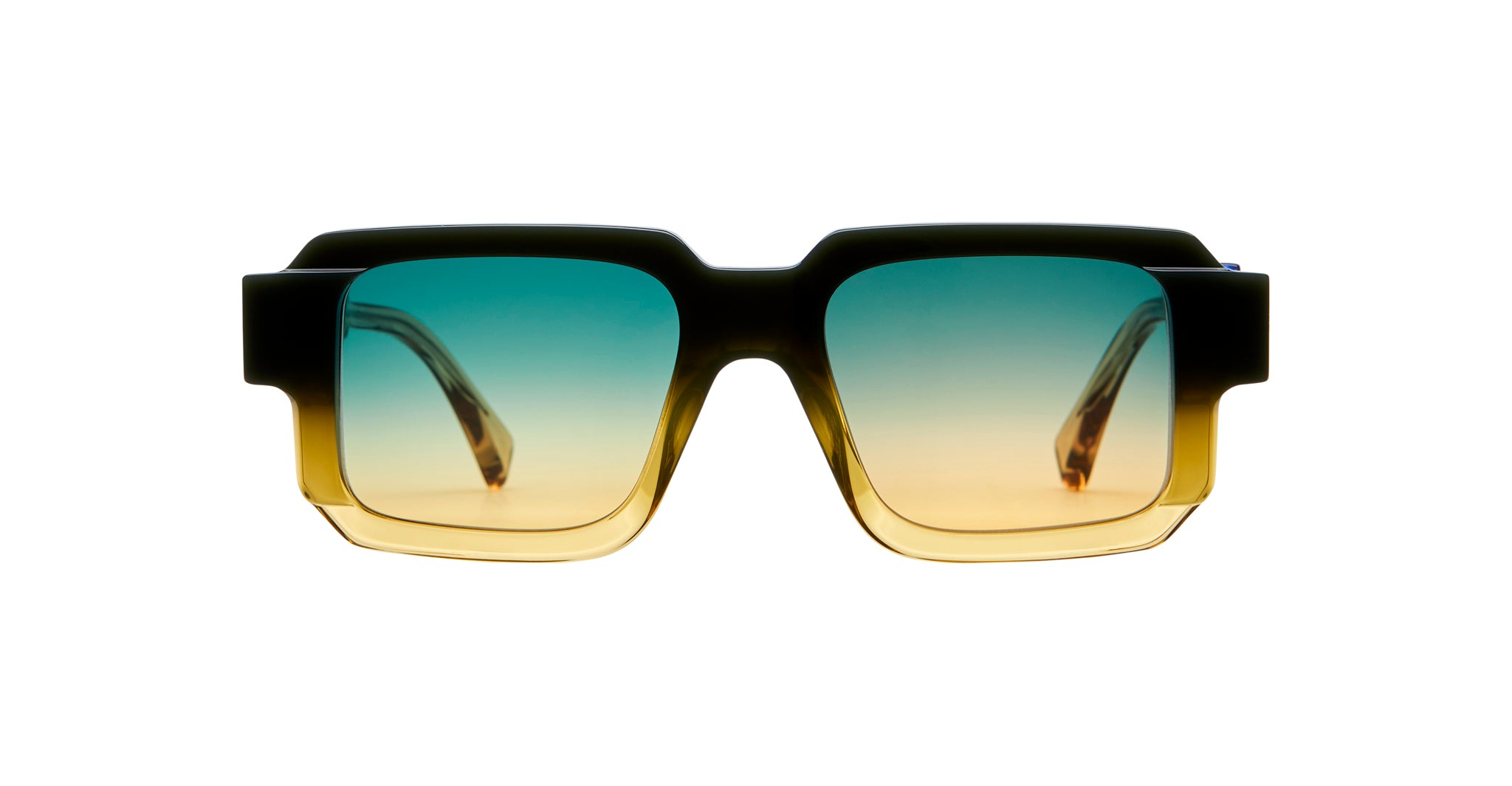 KUBORAUM I03 rectangular sunglasses with thick black frames and blue-to-yellow gradient lenses, front view.