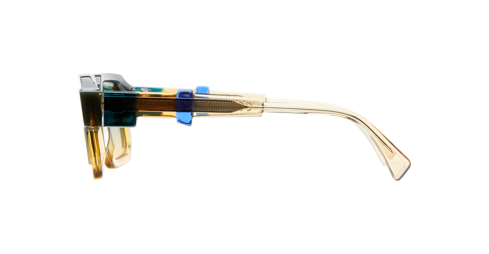 Side view of Kuboraum I03 eyeglasses by KUBORAUM featuring translucent gold arms, blue details, and patterned temples.
