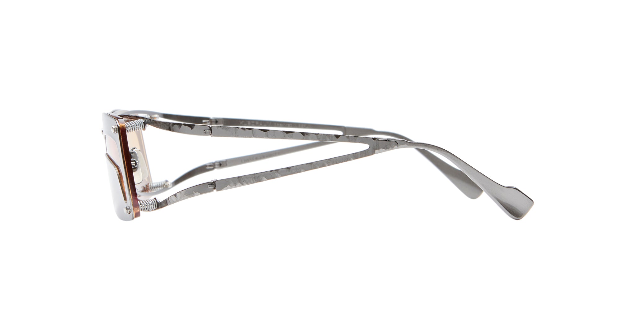 Side view of the Kuboraum I50 eyeglasses, showcasing metallic, textured temples with a unique double-arm design and clear plastic rims against a plain white background.