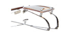 Close-up of Kuboraum I50 eyeglasses highlighting the intricate hinge with metal springs and layered temple design, set against a white background.