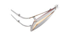 A close-up of Kuboraum I50 eyeglasses showcasing their modern, geometric design with thin silver metal arms and an angular gold and silver frame, highlighting the hinge and side details.