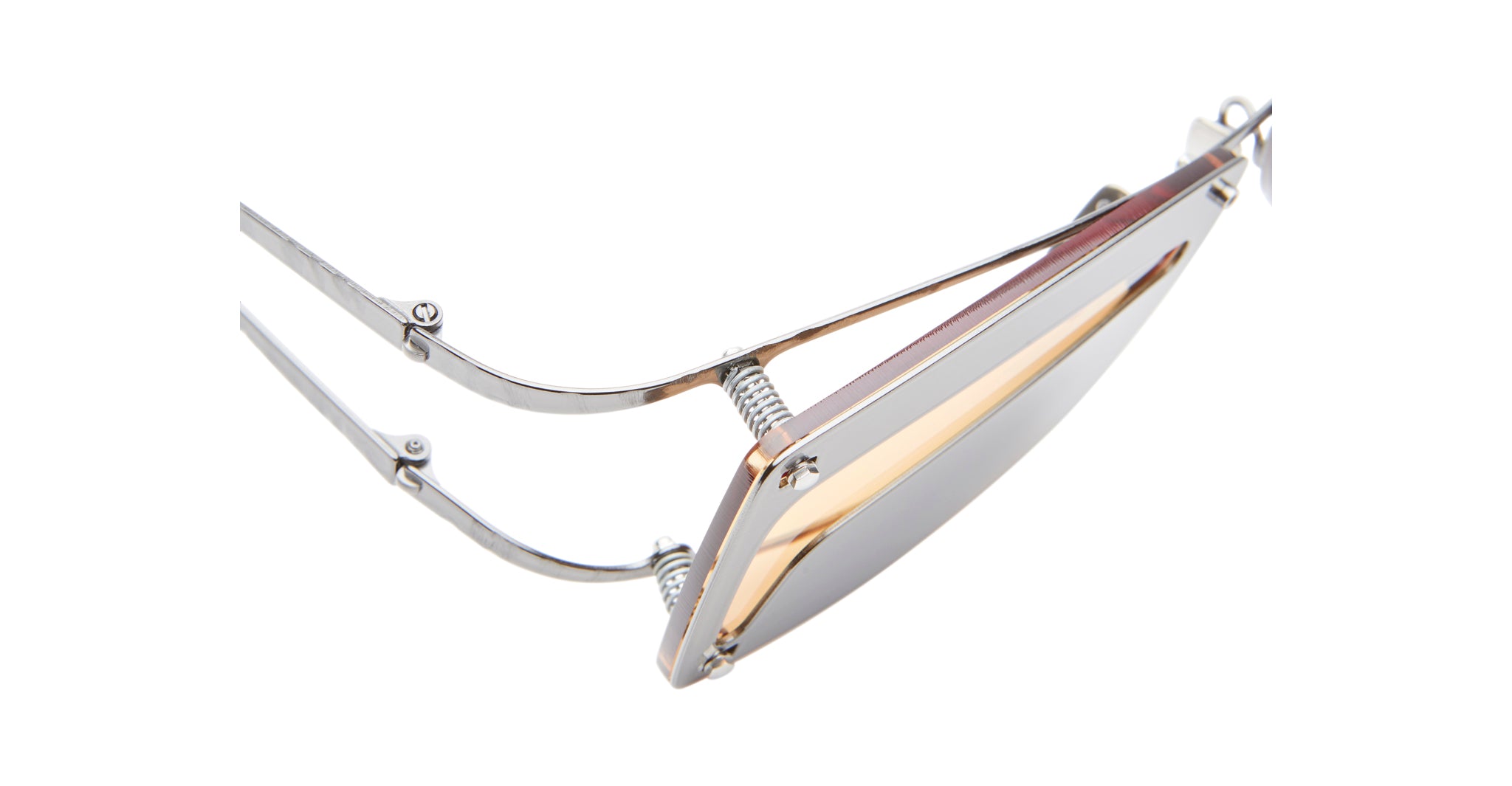 A close-up of Kuboraum I50 eyeglasses showcasing their modern, geometric design with thin silver metal arms and an angular gold and silver frame, highlighting the hinge and side details.
