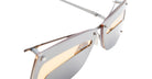 Close-up of Kuboraum I50 sunglasses featuring metallic silver frames, yellow-tinted lenses, and detailed hinges and rim design, set against a white background.