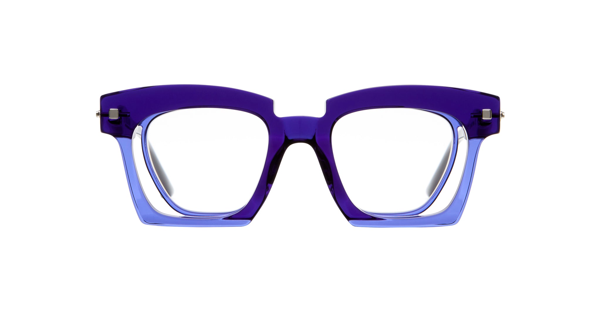 Kuboraum J9 eyeglass frames feature a bold, square shape in translucent deep blue, displayed from the front on a white background.