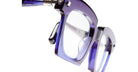 Close-up view of Kuboraum J9 eyeglasses featuring thick, translucent purple frames, with emphasis on the left lens and hinge against a white background.
