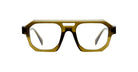 Front view of Kuboraum K33 oversized geometric eyeglass frames in olive green, featuring thick rims and clear lenses, set against a plain white background.