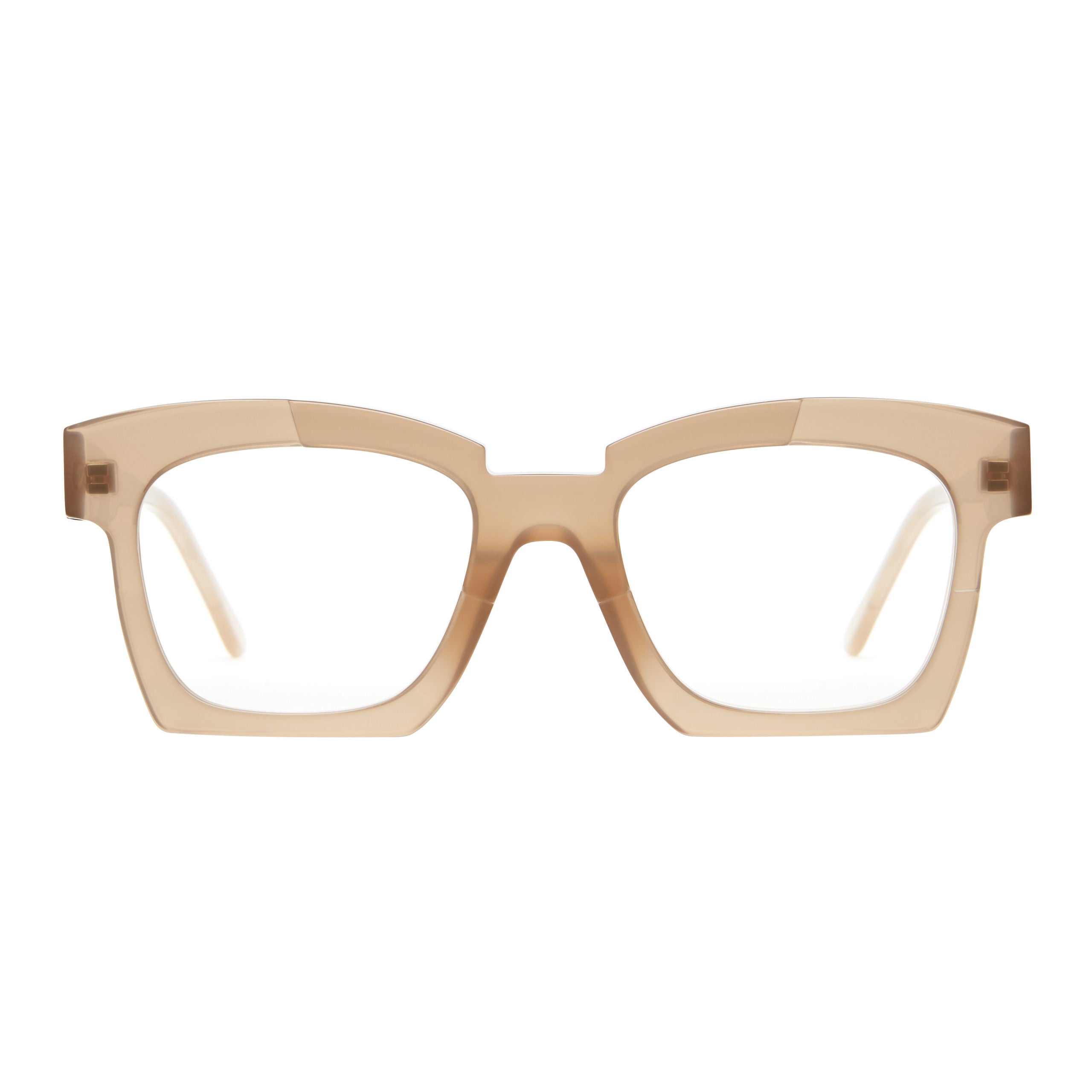 Front view of Kuboraum K5 thick-rimmed rectangular eyeglasses in beige with clear lenses, displayed on a white background.